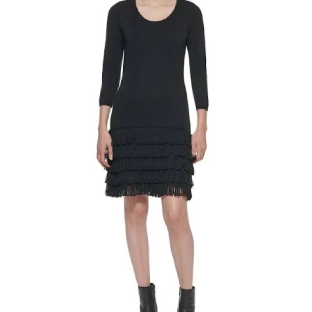 Calvin Klein Black Long Sleeve Fringe Dress
